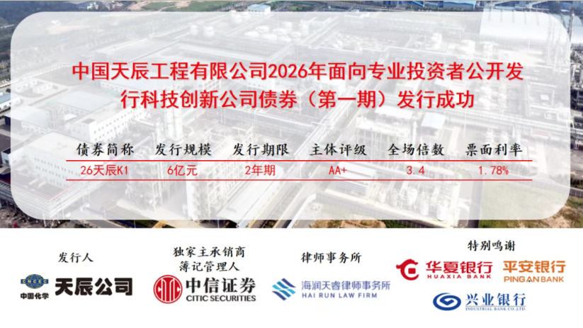6亿元!中国化学天辰公司2026年度第一期科技创新公司债券成功发行